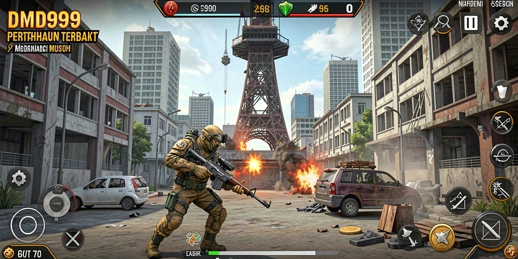 Screenshot DMD999 menunjukkan aksi mendebarkan dalam permainan Tower Defense.