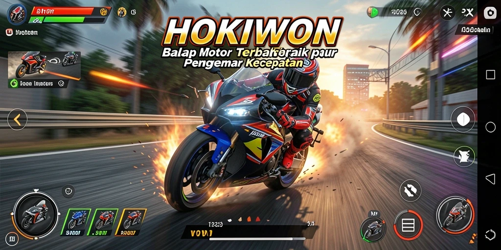 Gameplay HOKIWON saat balapan motor di trek menantang.