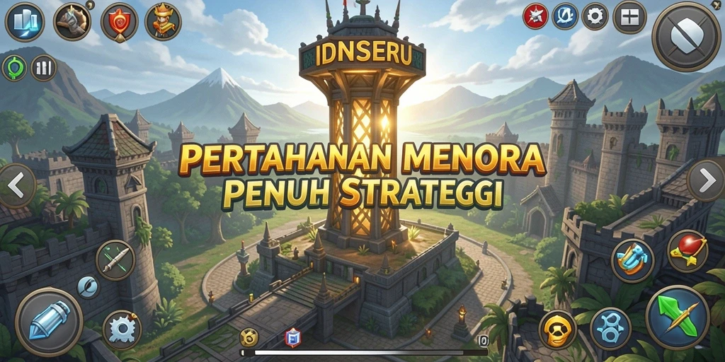 Tangkapan layar utama IDNSERU menampilkan aksi menara pertahanan yang seru.