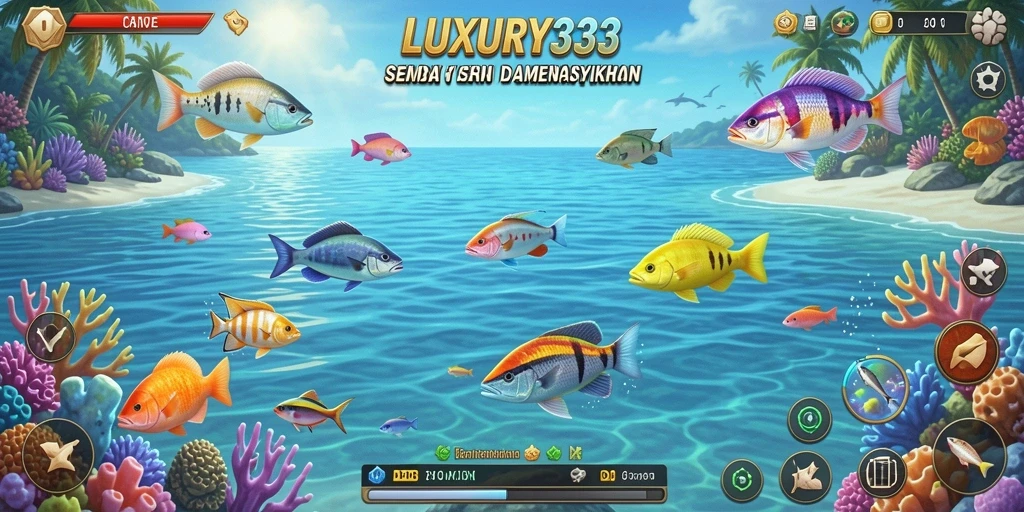 Tampilan gameplay LUXURY333 dengan berbagai ikan berwarna-warni.