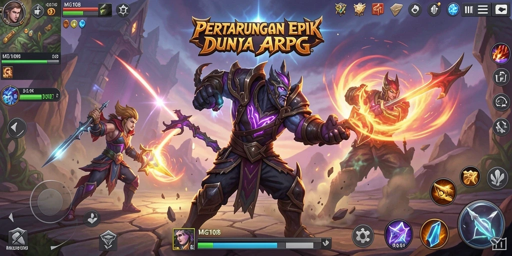 Tangkapan layar gameplay MG108 menampilkan pertarungan seru di dunia ARPG.