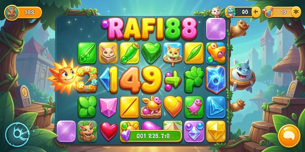 Screenshot utama RAFI88 menunjukkan gameplay seru Match-3 dengan warna mencolok.