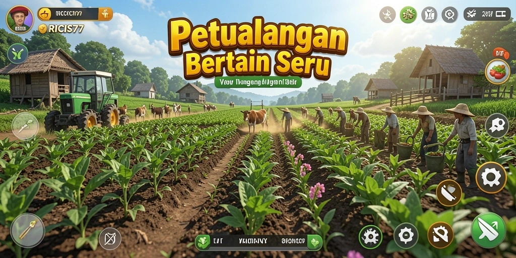 Screenshot utama RICIS77 menampilkan aktivitas bertani yang seru