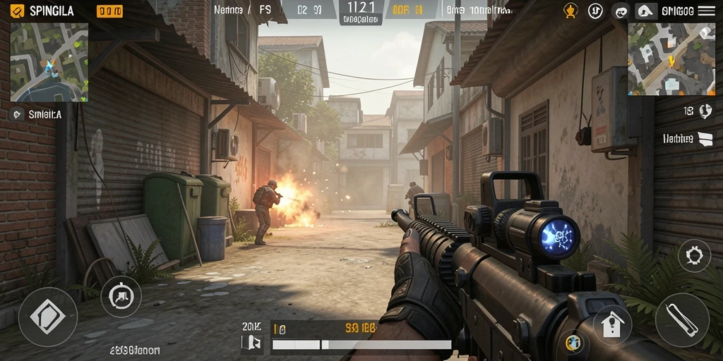 Tampilan dinamis dari gameplay SPINGILA dalam pertempuran FPS.