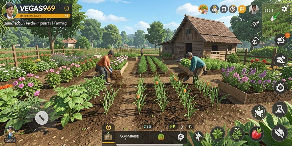 Screenshot utama VEGAS969 menampilkan gameplay seru berkebun yang penuh warna.