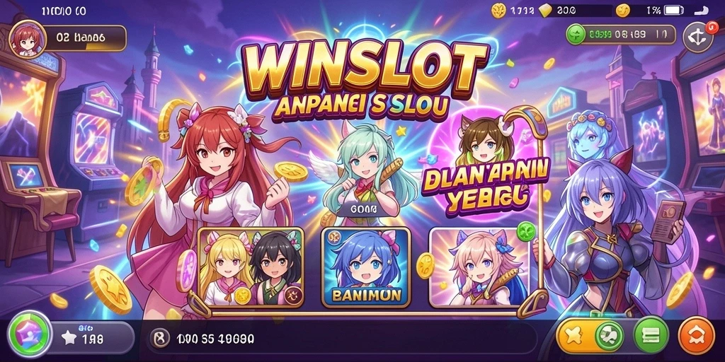 Screenshot utama WINSLOT menampilkan karakter Anime yang beraksi dalam permainan slot.
